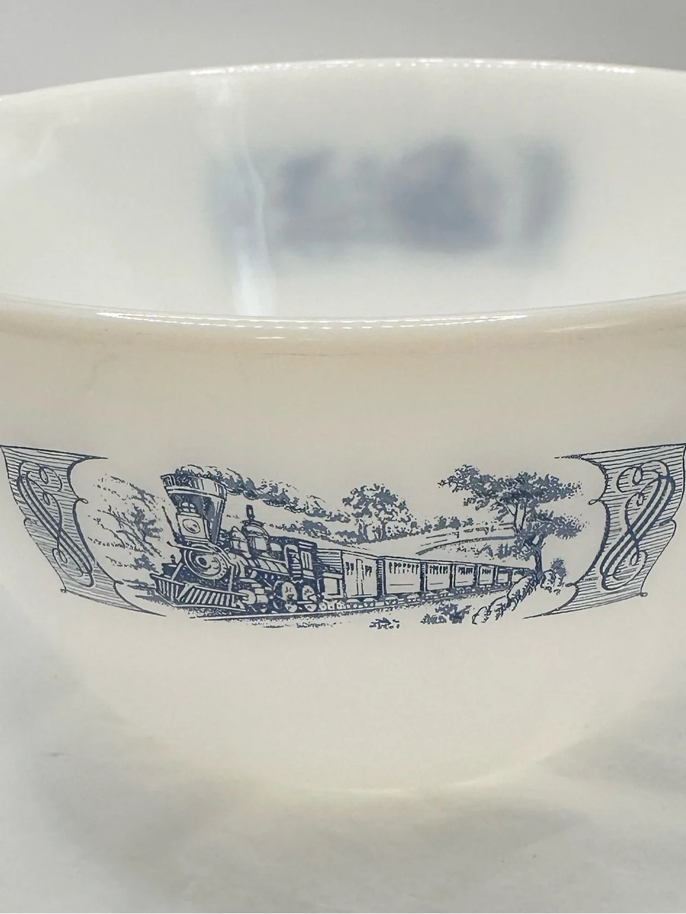 Vintage Currier & Ives White Milk Glass Mixing Bowl with Blue Train Motif
